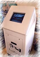 A TouchGuide Perfecta(TM) Series kiosk in action at a popular visitor's welcome center. The sloping face assists in keeping the model free of user leave-behinds.